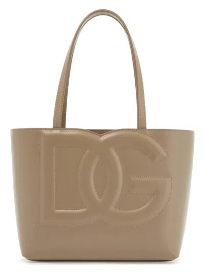 Dolce & Gabbana Women's Dg Logo Taupe Leather Small Tote Bag In Brown