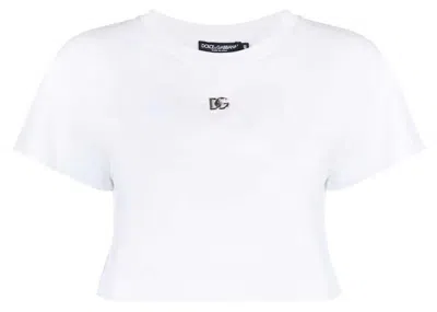 Pre-owned Dolce & Gabbana Women's  Cropped Logo Plaque T-shirt In White