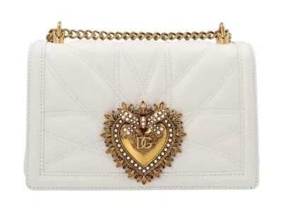 Pre-owned Dolce & Gabbana Women's  Devotion Logo Plaque Shoulder Bag In White/gold