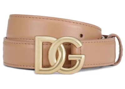 Pre-owned Dolce & Gabbana Women's  Dg Logo Buckle Leather Belt In Beige