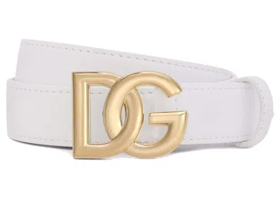 Pre-owned Dolce & Gabbana Women's  Dg Logo Buckle Leather Belt In White