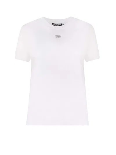 Pre-owned Dolce & Gabbana Women's  Woman Cotton Rhinestones Logo Detail T-shirt In White