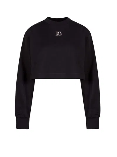 Pre-owned Dolce & Gabbana Women's  Woman Crop Fit Cotton Dg Patch Sweatshirt In Black