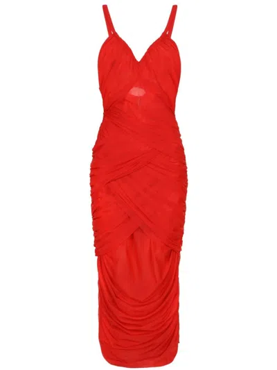 Dolce & Gabbana Draped Layered Tulle Midi Dress In Rosso Lampone