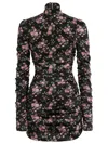 Dolce & Gabbana Black Dress With Floral Print And Side Draping In Silk Woman In Multi