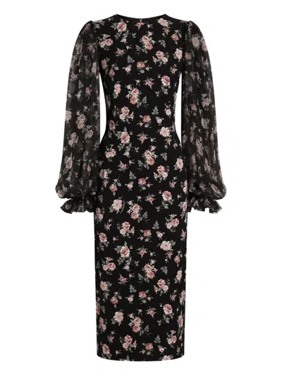 Dolce & Gabbana Women Black Dress With Round Neckline And All-over Floral Motif In Silk Blend Woman