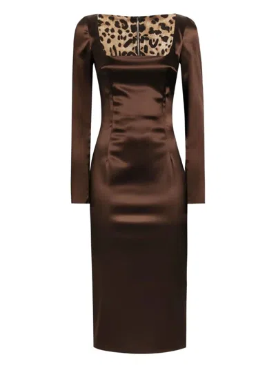 Dolce & Gabbana Satin Midi Dress In Brown