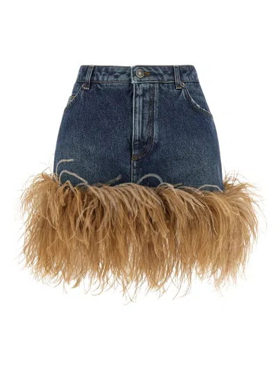 Dolce & Gabbana Feather Denim Skirt In Blue