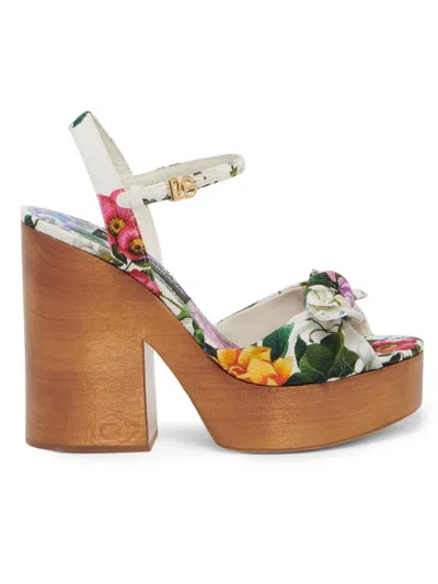 Dolce & Gabbana Women's Floral 125mm Platform Wedge Sandals In Neutral