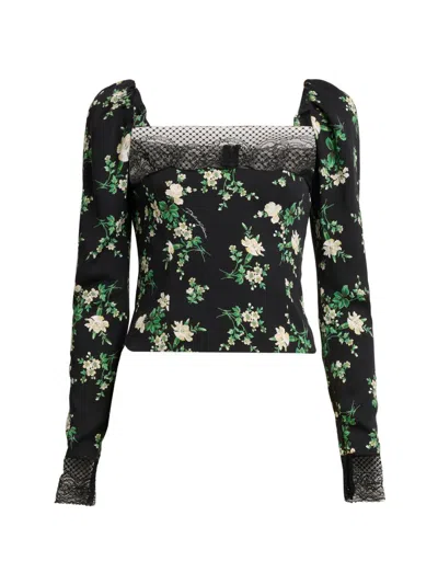Dolce & Gabbana Women's Floral Lace-trim Puff-shoulder Top In Black