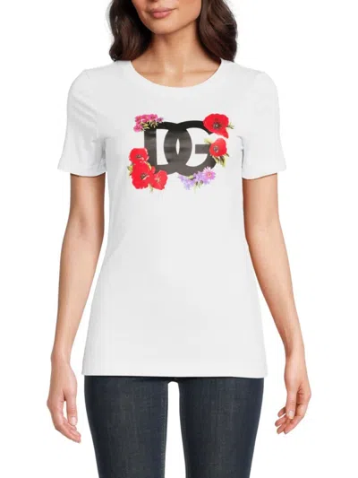 Dolce & Gabbana Women's Floral Logo Cotton Crewneck T-shirt In Neutral