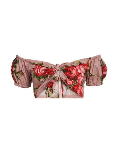 Dolce & Gabbana Women's Floral Off-the-shoulder Cotton Crop Top In Brown