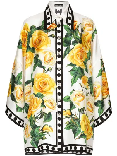Dolce & Gabbana Floral Print Silk Shirt For Women In White