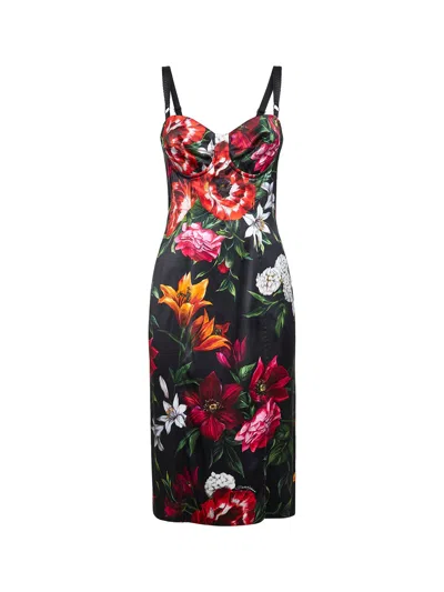 DOLCE & GABBANA DOLCE & GABBANA WOMEN FLORAL PRINT STRETCH SATIN MIDI DRESS