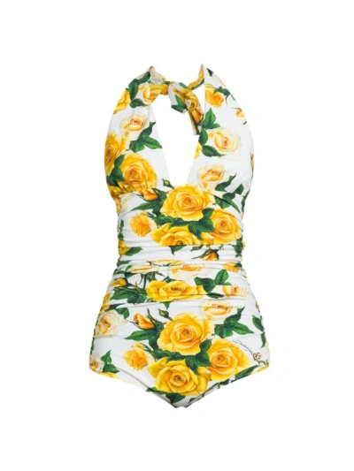 Dolce & Gabbana Women's Floral Ruched Halter One-piece Swimsuit In Rosegialle
