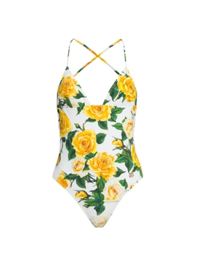 Dolce & Gabbana Women's Floral Strappy One-piece Swimsuit In Rosegialle