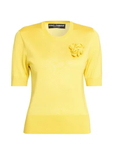 Dolce & Gabbana Women's Floral-appliquéd Silk Short-sleeve Sweater In Yellow