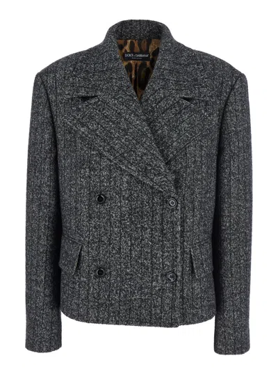 Dolce & Gabbana Women Grey Double-breasted Jacket With Notched Revers In Wool Blend Woman In Blue