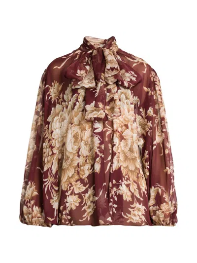 Dolce & Gabbana Women's Italian Tailoring Rose Silk Tie-neck Blouse In Brown