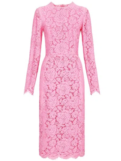 Dolce & Gabbana Midi Dress In Floral Cordonnet Lace In Pink