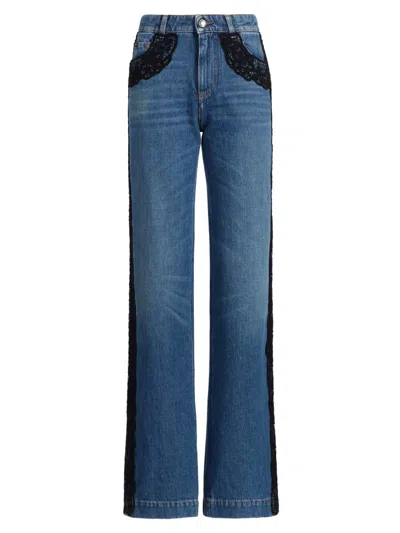 Dolce & Gabbana Women's Lace-trimmed Straight Mid-rise Jeans In Blue