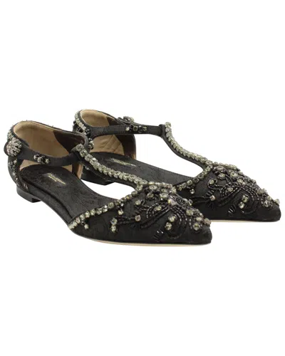 Dolce & Gabbana Women's Leather Crystal Embellished Lace T-strap Sandal (authentic Pre-loved) In Black