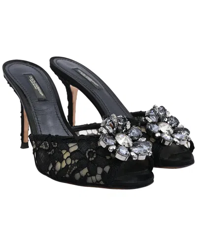 Dolce & Gabbana Women's Leather Lace Crystal Embellished Bianca Slide Sandal (authentic Pre-loved) In Black