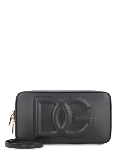 Dolce & Gabbana Black Leather Shoulder Bag With Logo In Gray