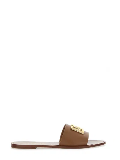 Dolce & Gabbana Women Leather Slide Sandal In Brown