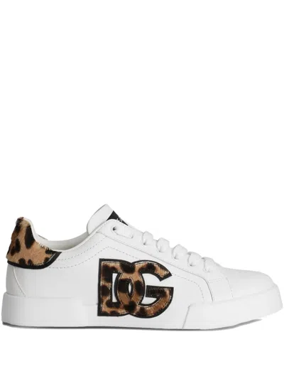 Dolce & Gabbana Leather Sneaker With Leopard Dg Patch And 15 Mm Eva Sole In Multi