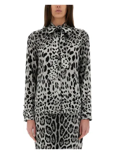 DOLCE & GABBANA WOMEN'S LEOPARD PRINT BOW CHARMEUSE SHIRT