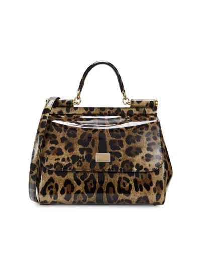 Dolce & Gabbana Women's Leopard Print Leather Top Handle Bag In Brown