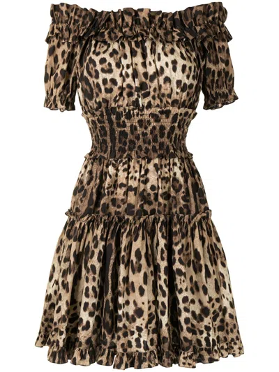 Dolce & Gabbana Women's Leopard-print Short Dress In Brown Cotton Poplin