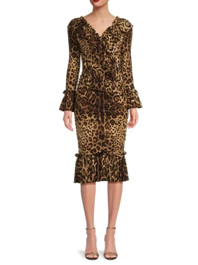 Dolce & Gabbana Women's Leopard Print Silk Blend Sheath Dress In Brown