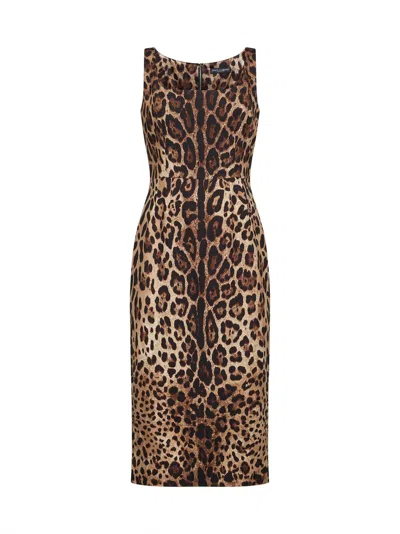 Dolce & Gabbana Women Leopard Printed Stretch Charmeuse Midi Dress In Brown