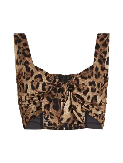 Dolce & Gabbana Women's Leopard-print Cotton Tie-front Top In Brown