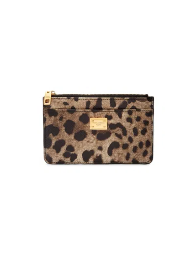 Dolce & Gabbana Women's Logo Leopard-print Leather Card Case In Brown