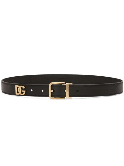 Dolce & Gabbana Women's Logo Plaque Calfskin Belt In Black