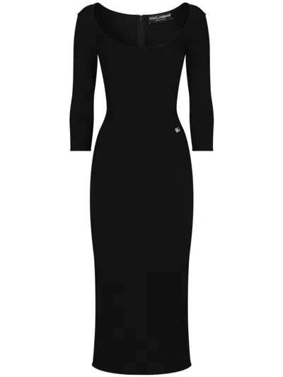 Dolce & Gabbana Fitted Midi Dress With Logo Plaque In Black