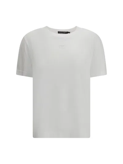 Dolce & Gabbana White Crewneck T-shirt With Logo Embroidery With Crystals On The Front In Cotton Woman