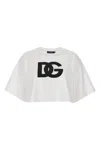 Dolce & Gabbana White Cotton Cropped T-shirt With Drop Shoulder And Logo Print For Women In White