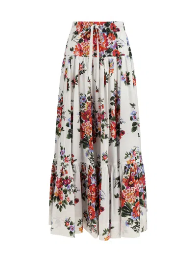 Dolce & Gabbana White Long Skirt With Floral Print And Elasticated Waistband In Cotton Woman