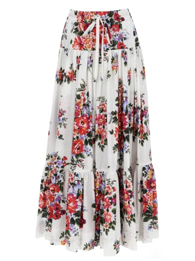 Dolce & Gabbana White Long Skirt With Floral Print And Elasticated Waistband In Cotton Woman