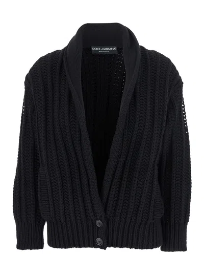Dolce & Gabbana Black Cardigan With Wide Neckline On The Front In Virgin Wool Woman