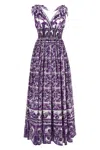 Dolce & Gabbana Smocked V-neck Maxi Dress With Tie Straps In Multi