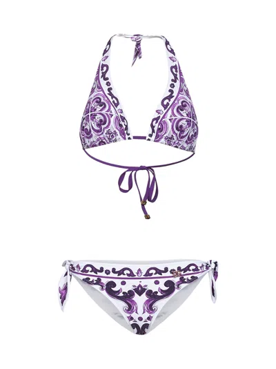 Dolce & Gabbana Women Maiolica Print Triangle Bikini In Purple