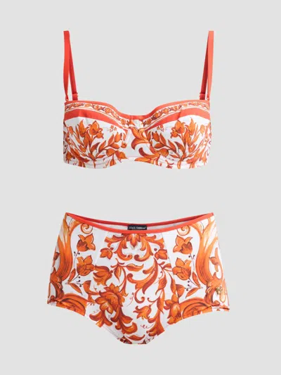 Dolce & Gabbana Maiolica Bikini Set Floral High Waist In Orange