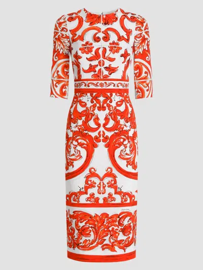 Dolce & Gabbana Orange Maiolica-print Stretch Silk Charmeuse Midi Dress In Red