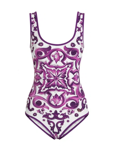 Dolce & Gabbana Women Majolica Print One Piece Swimsuit In Purple