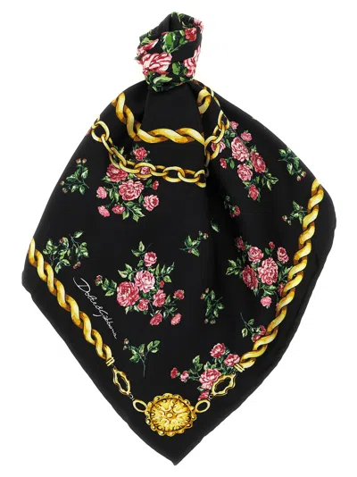 Dolce & Gabbana Mazzolini Di Rose Scarf Floral Chain Square In Black